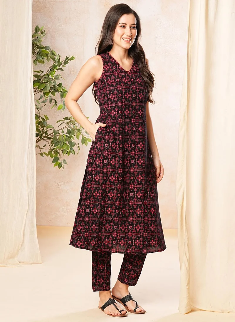globus Black Globus Women Geometric Printed A-Line Kurta & Pant Set for Women | Best Price UAE